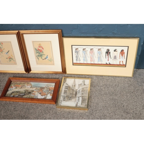 323 - A quantity of pictures including two Asian paintings on silk, 