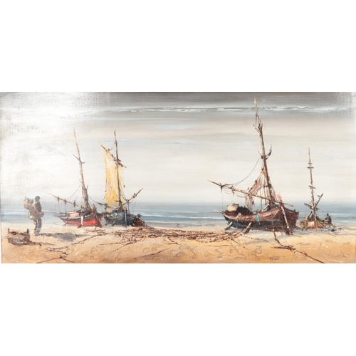 324 - A framed oil on board of boats docked on the beach. Signed Aquilar. Dimensions including frame 94.5c... 