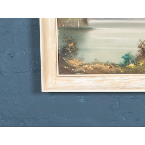 325 - A framed oil on canvas depicting a cottage by a lake the mountains. Signed Mancini. Dimensions inclu... 