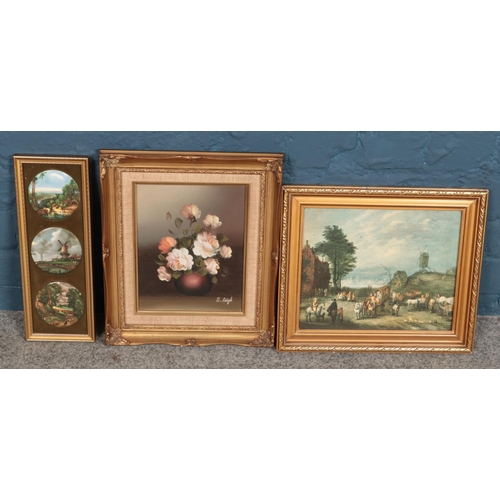 352 - Three framed pictures. Including a still life of flowers, oil on canvas signed by S Leigh, three cir... 