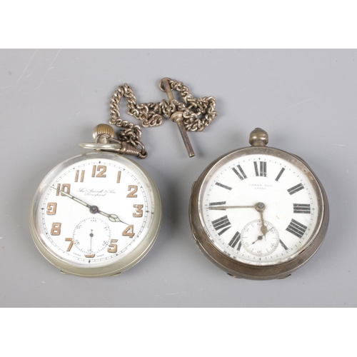 362 - A silver Cohen Bros. silver pocket watch (Assayed Chester 1901) also a white metal pocket watch with... 