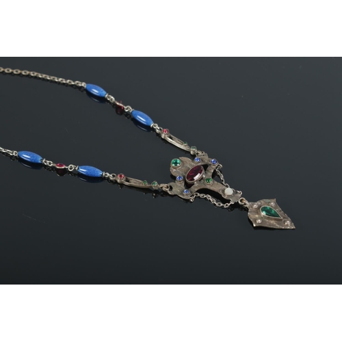 424 - An arts and crafts paste set necklace with pendant, together with an art nouveau brooch of rectangul... 