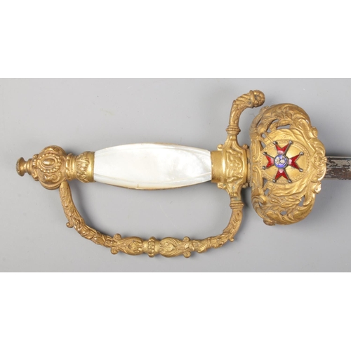 459 - A Papal Pope's presentation court sword, bearing mother of pearl handle and Maltese cross. With etch... 