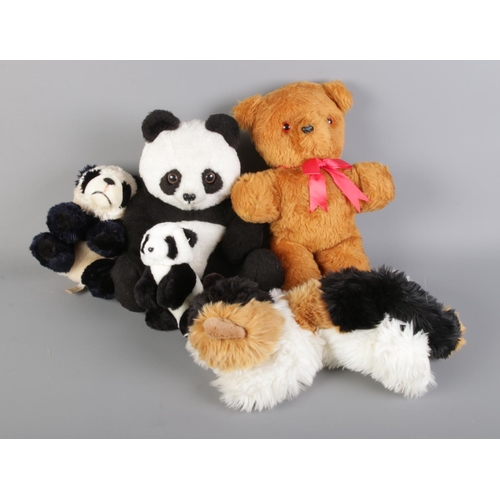 182 - Five cuddly Toy Animals. A family group of Panda, a Teddy and a Cat