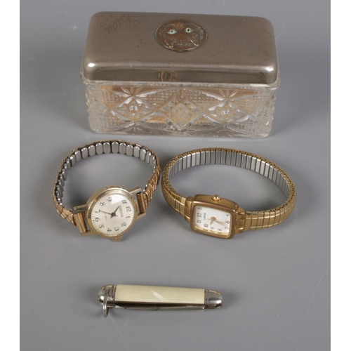 190 - Two Ladies wrist watches along with a London Airport keychain knife and a glass trinket box.