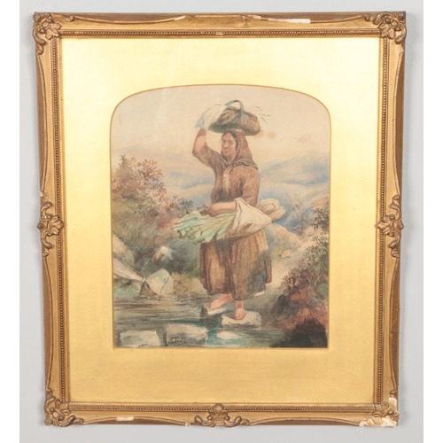 149 - A 19th century gilt framed watercolour, depicting a maiden carrying baskets of crops over stepping s... 