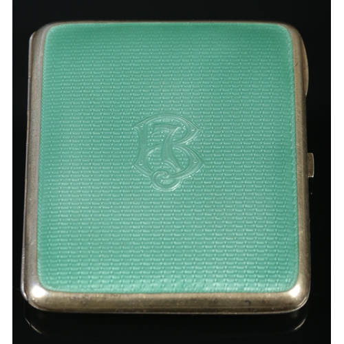 116 - A silver and guilloche enamel cigarette case with monogrammed front. Stamped 925. 8.5cm x 7cm. 132g.