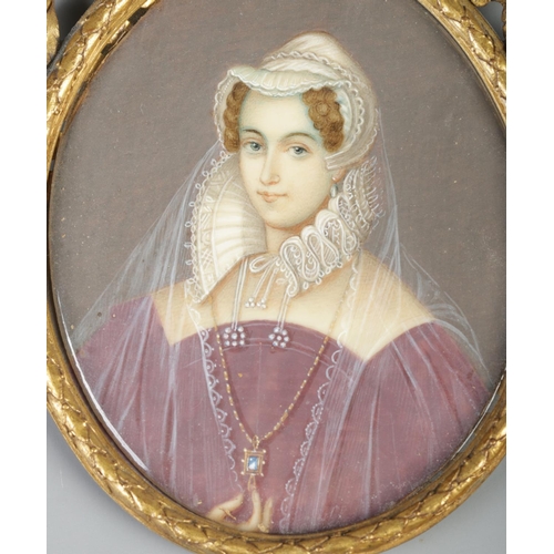 137 - A gilt framed portrait miniature depicting a maiden, painted on card. 10.5cm x 9cm.