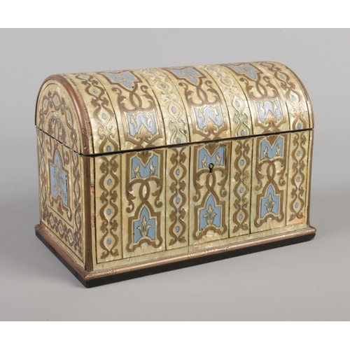 75 - A 19th century dome topped stationary box with mother of pearl, brass and enamel inlaid decoration. ... 