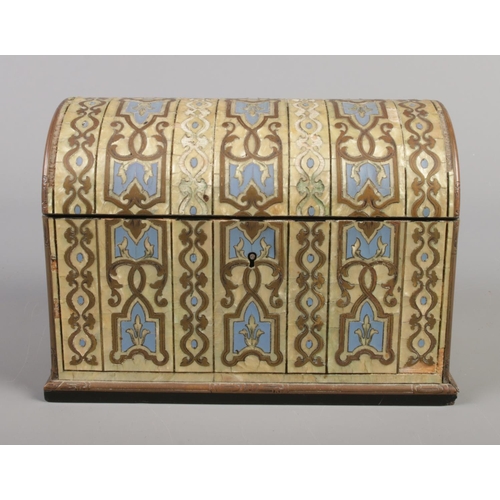 75 - A 19th century dome topped stationary box with mother of pearl, brass and enamel inlaid decoration. ... 