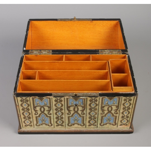 75 - A 19th century dome topped stationary box with mother of pearl, brass and enamel inlaid decoration. ... 