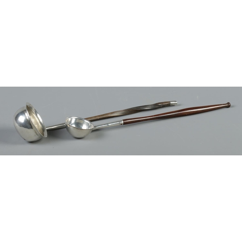 96 - Two Georgian silver toddy ladles. The larger bowled example having twisted whale bone handle, the sm... 