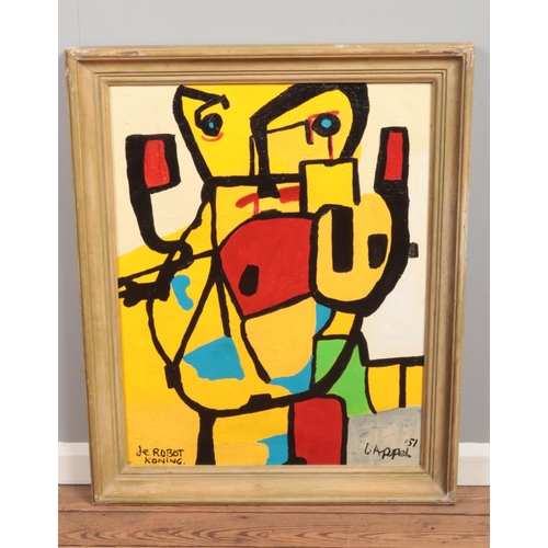 158 - In the style of Karel Appel (1921-2006), a framed oil on canvas, abstract portrait. Titled bottom co... 