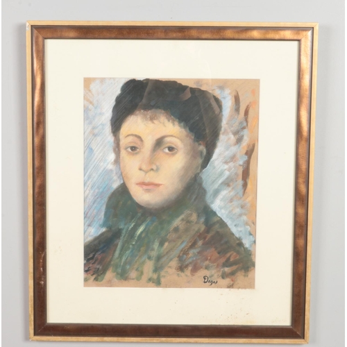 159 - After Edgar Degas, a framed pastel, portrait of Josephine Gaujelin. 36cm x 30cm.