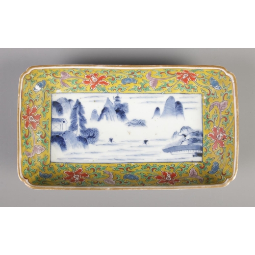 48 - A 19th century rectangular dish with borders decorated in coloured enamels and landscape scene to ce... 