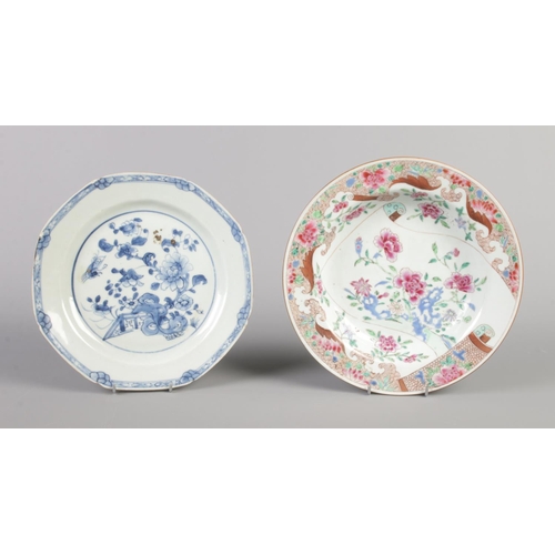 49 - A 19th century Chinese famille rose dish along with a Chinese plate decorated in underglaze blue.