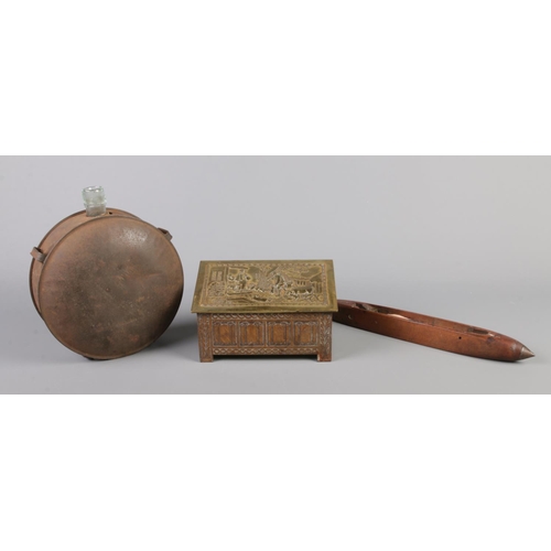 34 - A late 19th/early 20th century miners drinking bottle along with a Jacob & Co biscuits tin and a Pil... 