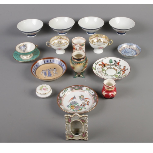 253 - A small box of various ceramics. Includes Royal Crown Derby, Goebel, oriental etc.