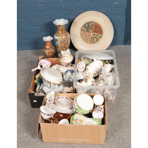 259 - Three boxes of assorted ceramics including large oriental vases, large figure and Royal Tuscan tea s... 