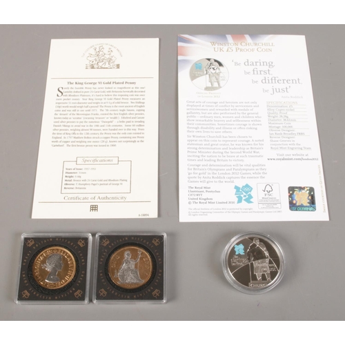 536 - Three commemorative coins; including Royal Mint Winston Churchill 2010 Olympic Games £5 Proof Coin a... 