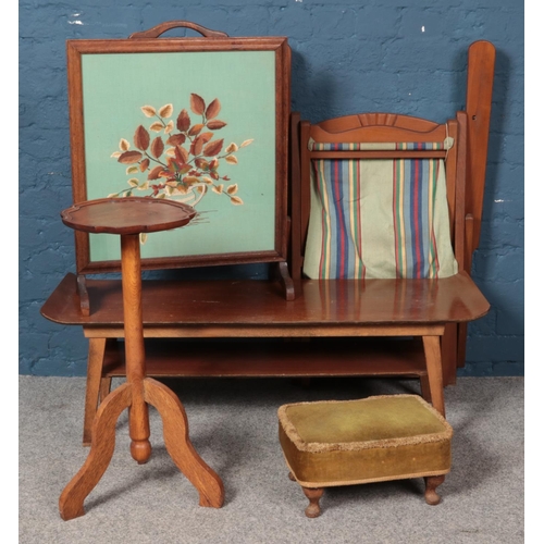 578 - A collection of assorted furniture. To include plant stand, tapestry screen, small footstool and vin... 