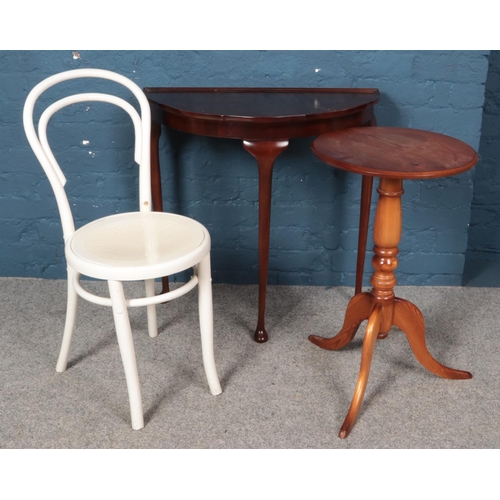 590 - A demi lune side table along with a painted bentwood chair and pine occasional table.