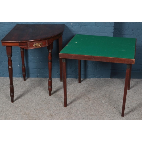 604 - A mahogany corner table along with a folding card table.