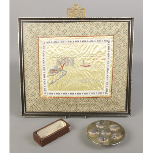 119 - A framed Chinese silk along with a Dansk metal dish and doll's house bath.