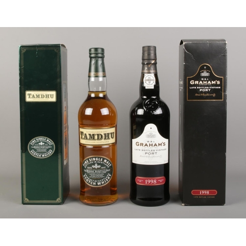 13 - Two boxed and sealed bottles of alcohol. To include Tamdhu Fine Single Malt Whisky (70cl) and Graham... 