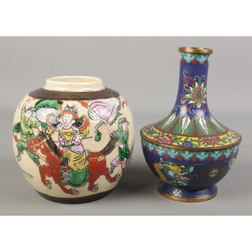 155 - A 19th century cloisonné vase decorated with dragons, along with a Chinese ginger jar. Height of vas... 