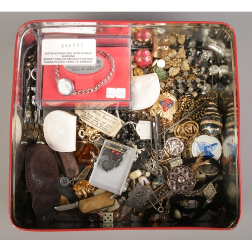 157 - A collection of mainly costume jewellery, to include beads, folding pen knife, cased bracelet etc.