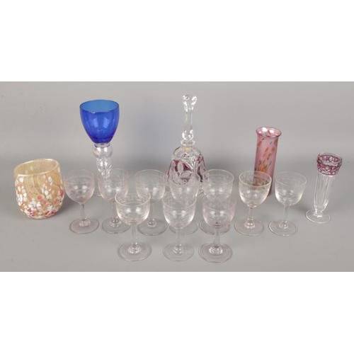 160 - A quantity of glassware. Including ten Edwardian glasses, blue glass with concealed silver coin, etc... 