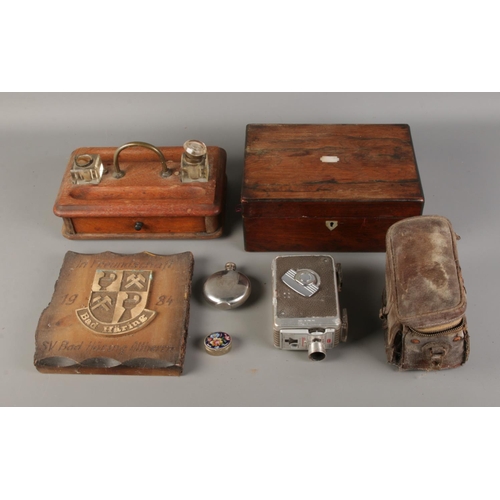 209 - A quantity of miscellaneous to include Kodak Brownie, Inkwell stand with drawer, brass mounted wall ... 