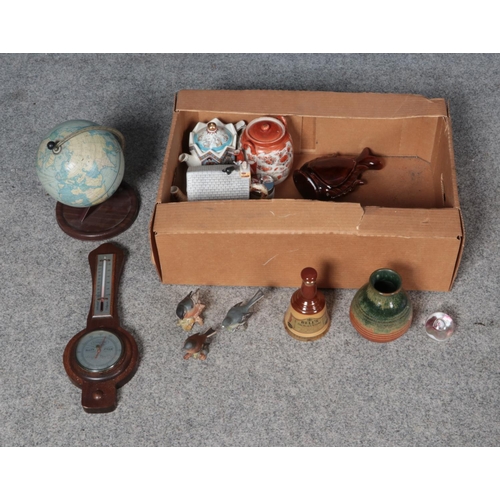 212 - A box of miscellaneous to include banjo barometer, Beswick birds, tin globe and novelty Coronation S... 