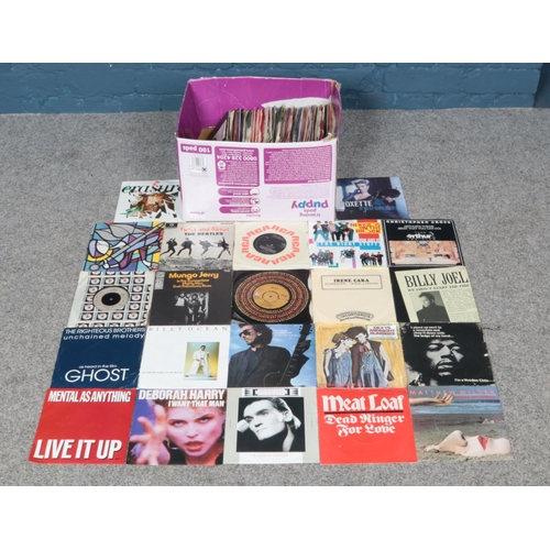 220 - A box of assorted rock and pop single vinyl records. To include Mungo Jerry, Billy Joel, The Beatles... 