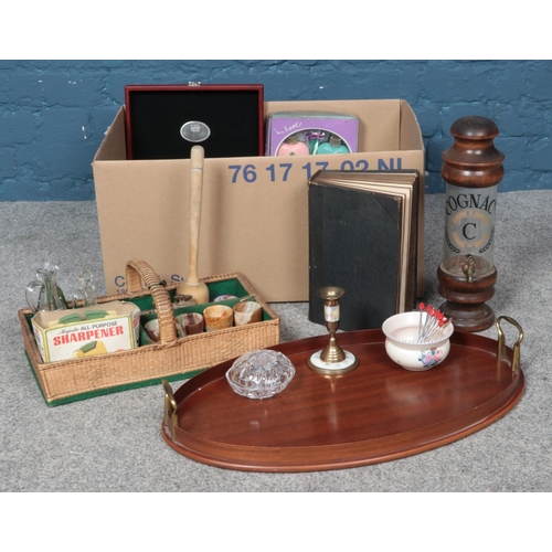 225 - A large assortment of collectables, to include mahogany serving tray, Cognac advertising decanter, o... 