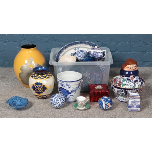 233 - Two boxes of assorted ceramics, to include Royal Doulton Booths Real Old Willow, Ironstone bowl, blu... 