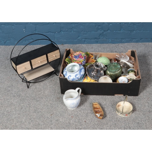 235 - A box of miscellaneous to include assorted ceramics, silver plate candlestick holder and circular de... 