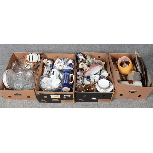 245 - Four boxes of miscellaneous. Includes large Capodimonte figure, Crescent china, glass punch bowl set... 