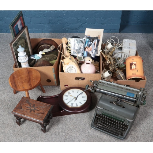 248 - Three boxes of miscellaneous. Includes Olympia typewriter, mantel clocks, carved wooden stool, rotar... 