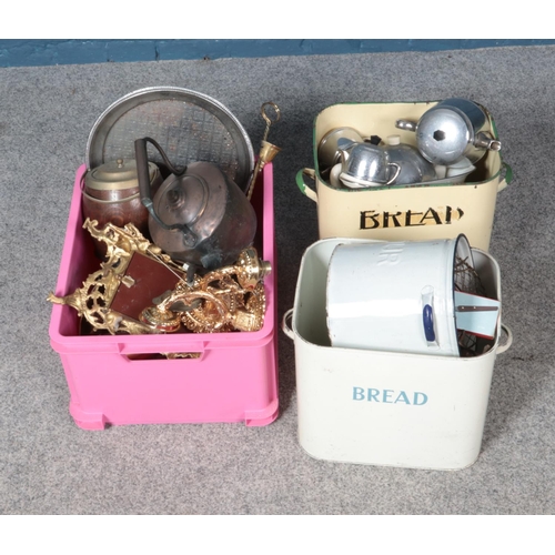 249 - A quantity of assorted metal wares including enamel bread bin, decorative wall lights and quantity o... 