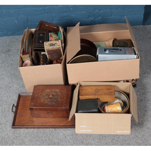 250 - Three boxes of miscellaneous including small quantity of records, postcards and decorative boxes.