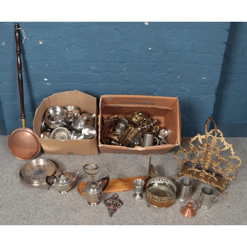 269 - Two boxes of metalwares. Including copper can, bed pan, magazine rack, silver plated trays, Viners o... 