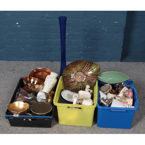 271 - Three boxes of miscellaneous. Includes large blue glass vase, copper dish, ceramics etc.