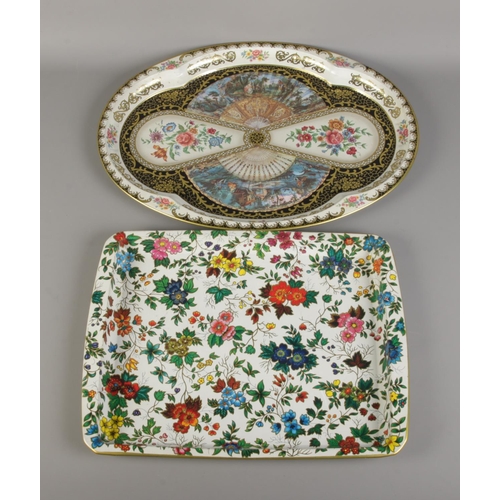 35 - Two Daher Decorative Ware tin servings trays featuring floral designs. Including oval and rectangula... 