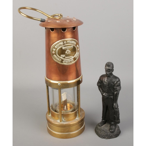 43 - A E.Thomas & Williams Ltd Cambrian copper and brass miners lamp along with a Kingmaker coal figure o... 