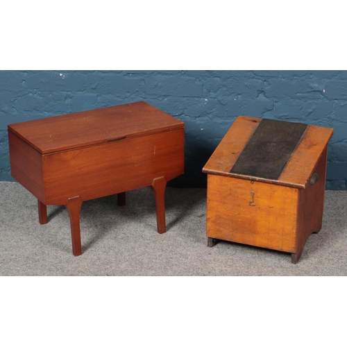 305 - A Marco teak workbox with contents along with a shoe polishing box with content.