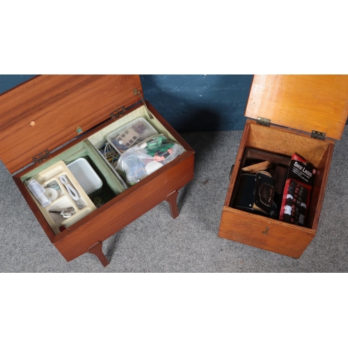 305 - A Marco teak workbox with contents along with a shoe polishing box with content.