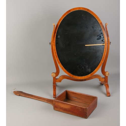 321 - A church wooden offertory box, together with yew wood dressing table mirror.