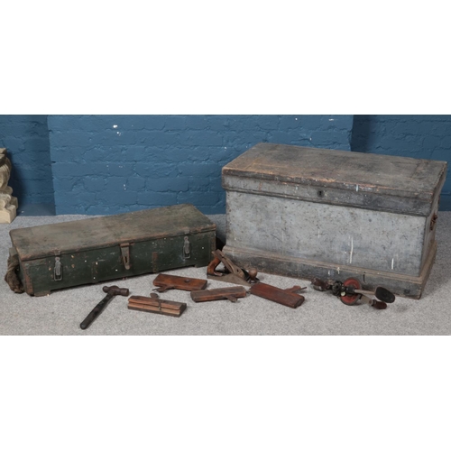 338 - An engineers chest with contents of tools along with a vintage ammo crate.